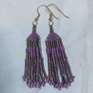 Vintage Style Throwback Lavender & Gold Beaded Boho Drop Earrings - Handmade